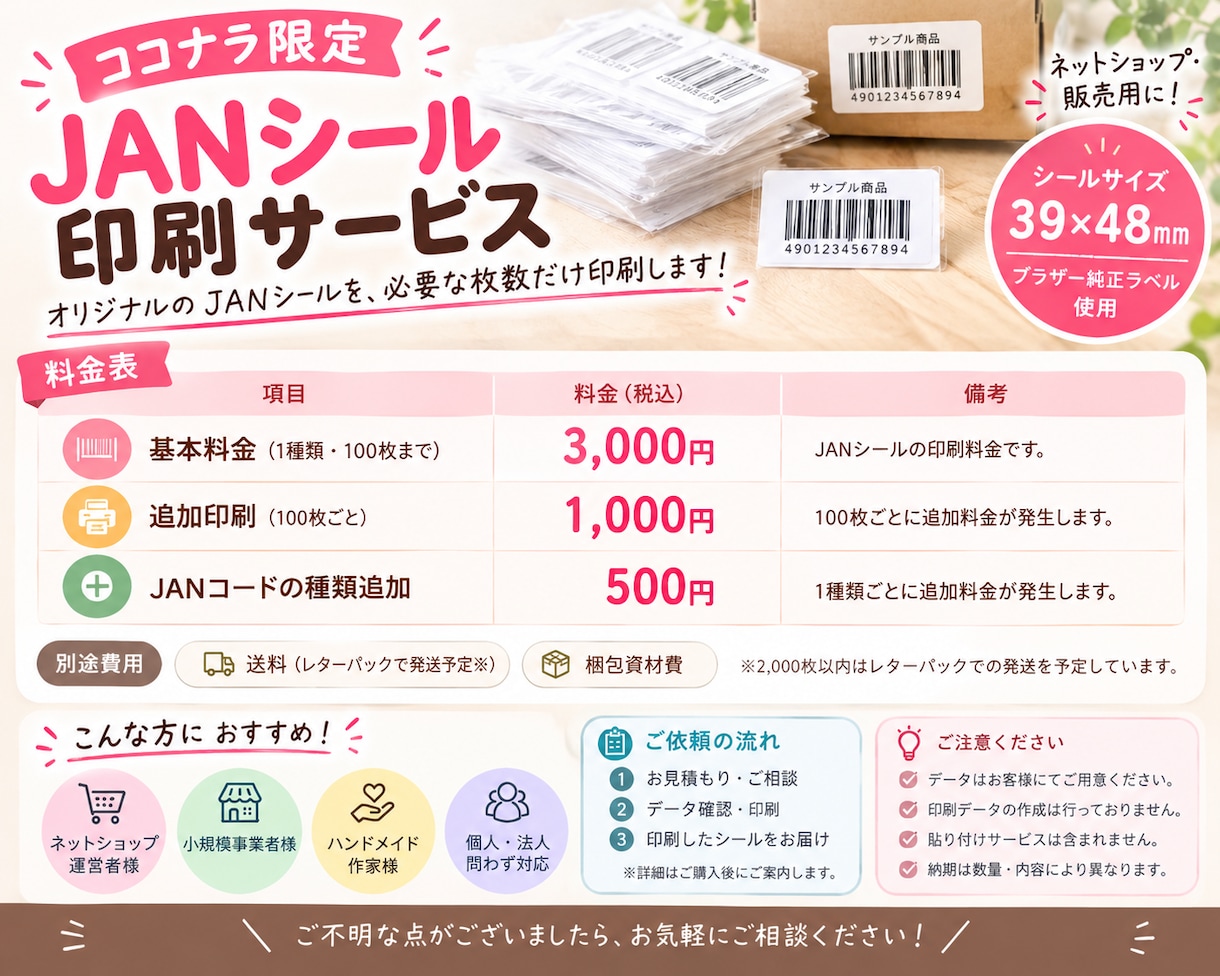 商品名印字・袋分け・送料込　JANシール印刷します JAN番号を送るだけ！印刷・種類別の袋詰め・発送までお任せ！ イメージ2