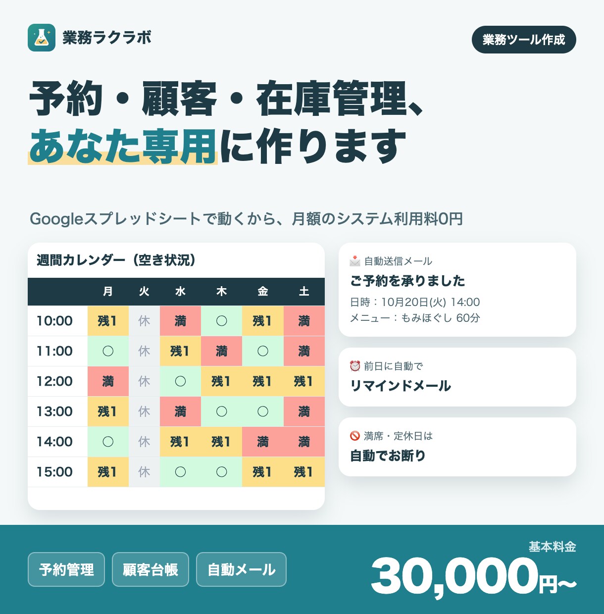 あなた専用の予約・顧客管理ツールを作ります スプレッドシートで動くから月額システム利用料0円 イメージ1