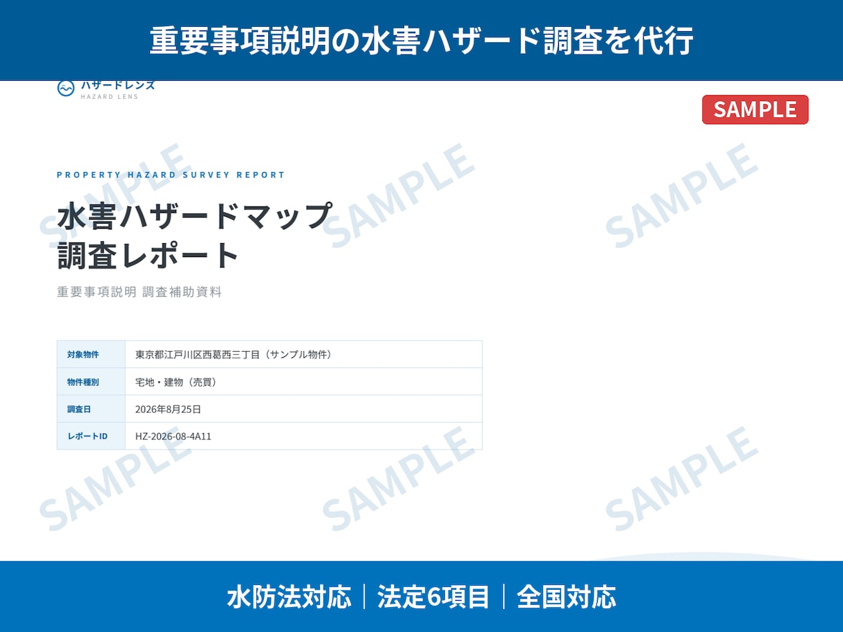 ハザードマップ調査｜重説の水害リスクを代行します 水防法対応・法定6項目を物件ごとに調査しPDF納品 イメージ1