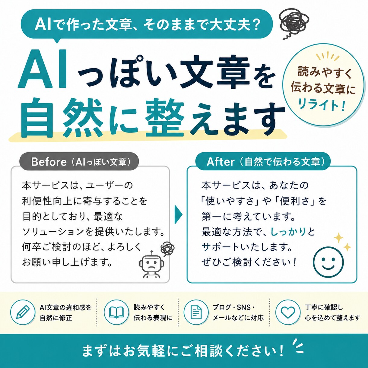 AI作成の文章を自然で読みやすく整えます AI特有の不自然さを自然な文章へ整えます。 イメージ1