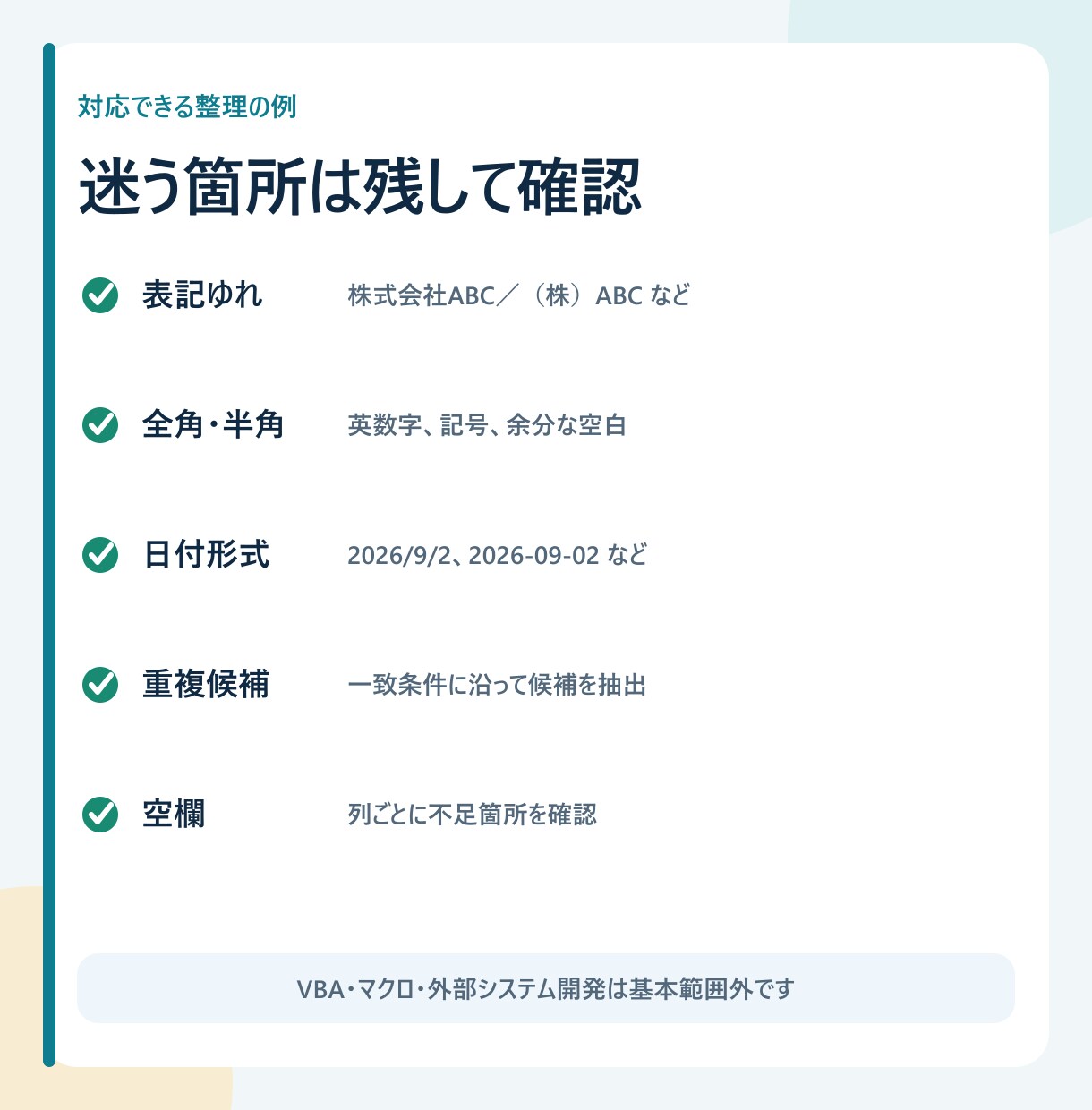 Excel・CSVの表記ゆれ・重複を整理します 200行×10列｜元データを残し要確認箇所も分けて納品 イメージ3