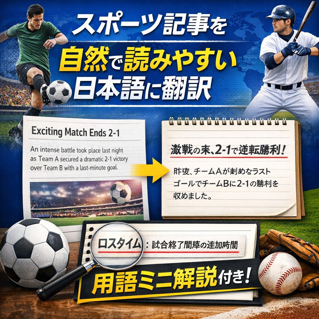 スポーツ記事を読みやすく自然な日本語に翻訳します 現スポーツマン！初めて読む方にも分かりやすい内容になります。 イメージ1