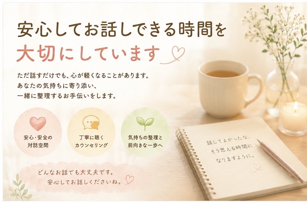 安心してお話しできる時間を大切にしています ただ話しを聞いて欲しい時に、ゆっくりお話を聞きます。 イメージ1