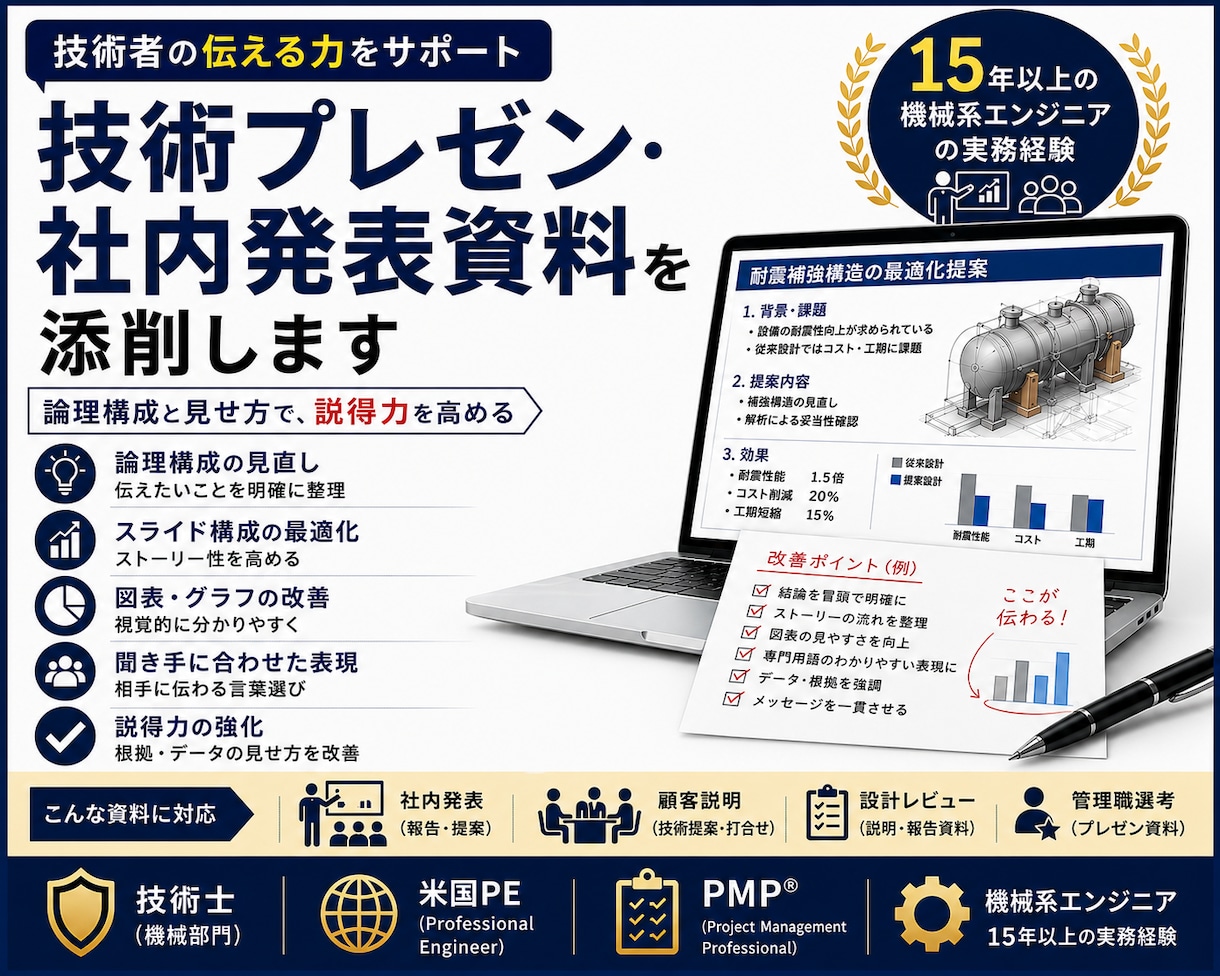技術プレゼン・社内発表資料を添削します 伝わる技術資料へ。論理構成と説得力を高めます。 イメージ1