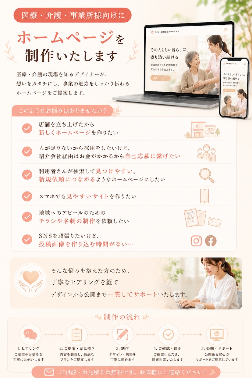 医療・介護・事業所専門、ホームページを制作します 現場を理解した看護師が丁寧なヒアリングで制作します！ イメージ2