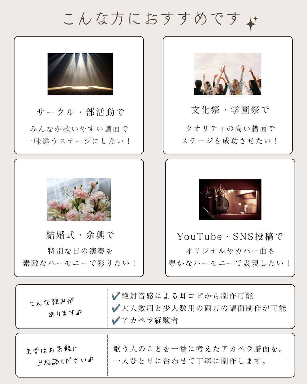 アカペラ譜面を耳コピ・アレンジ制作します ご希望の雰囲気に合わせて丁寧に制作します イメージ2