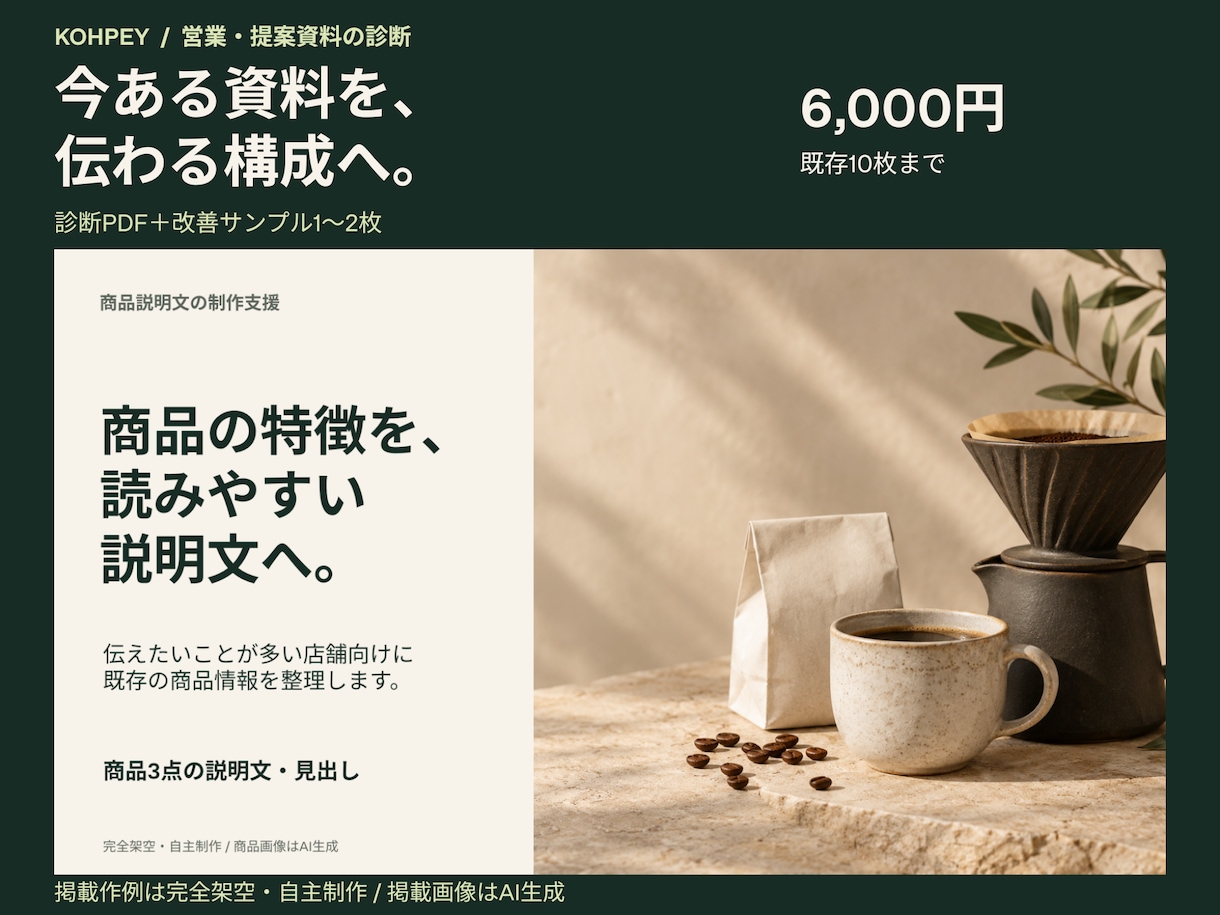 営業・提案資料を診断し構成改善案をお渡しします 10枚までを診断。優先改善点と改善サンプル1〜2枚をご提案 イメージ1