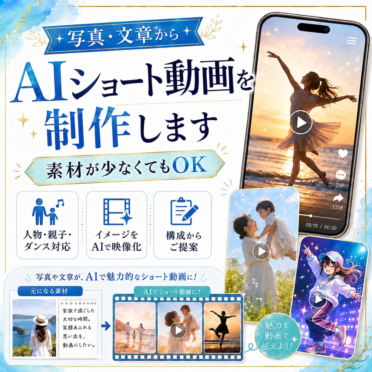 写真・文章からAIショート動画を制作します 少ない素材でOK|SNS・広告動画を構成から制作 イメージ1