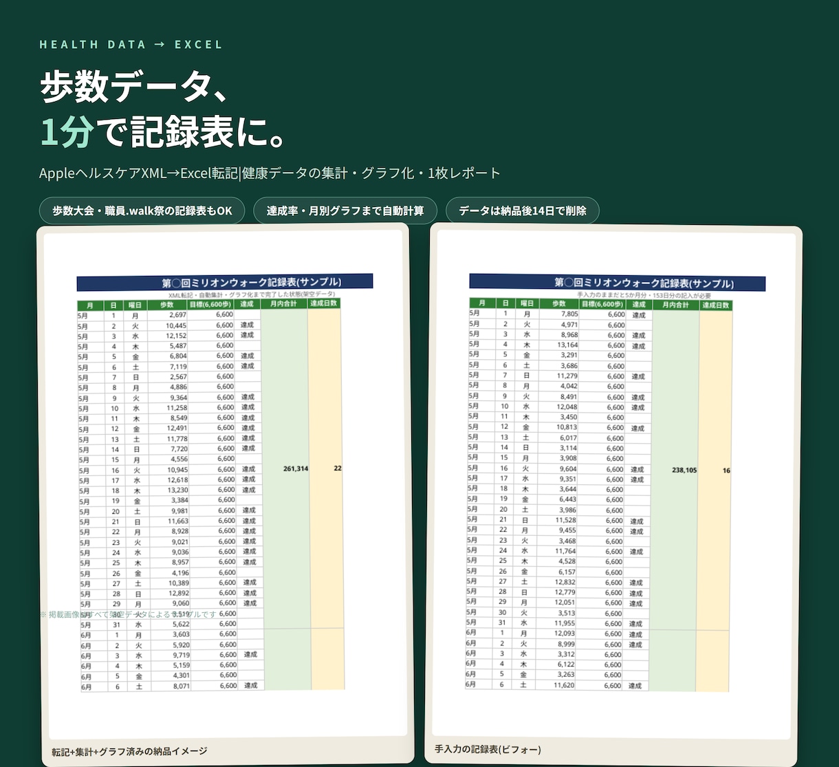 歩数データをExcel記録表に転記します 153日分の手入力が1分に。達成率も自動で計算 イメージ1