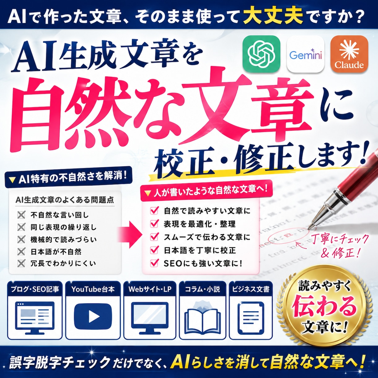 AI生成文章を自然な文章に校正・修正します 生成AIで作成した文章を、「人が書いた自然な文章」に整えます イメージ2