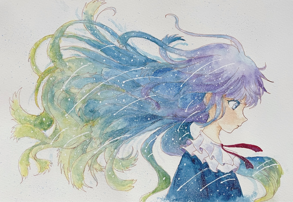 優しく温かみのあるファンタジーなイラストを描きます 透明水彩で優しく温かみのある横顔のイラスト。 イメージ1