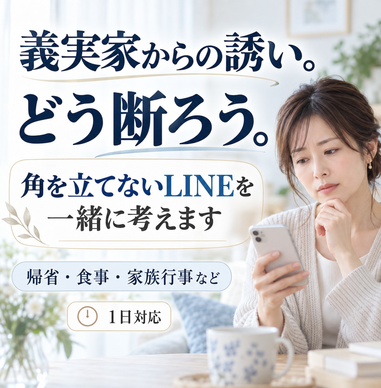 義実家の誘いを断るLINEを一緒に考えます 角を立てず、次に会う時も気まずくならない返事に イメージ1