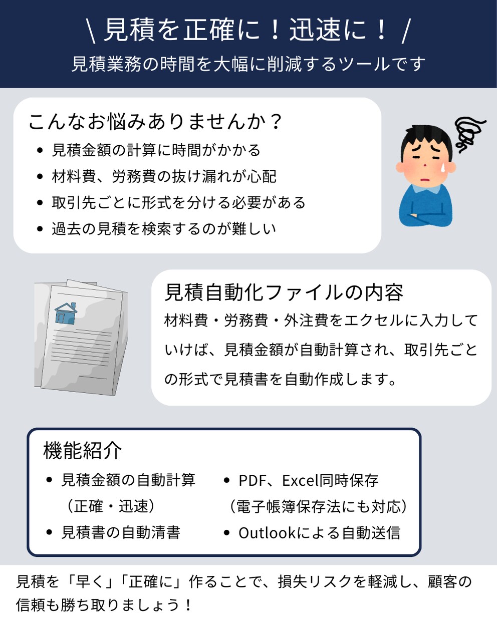 見積金額の算出から見積書の作成までを自動化します 見積モレを防ぎ、作業も効率化、見積履歴の整理もできます イメージ1