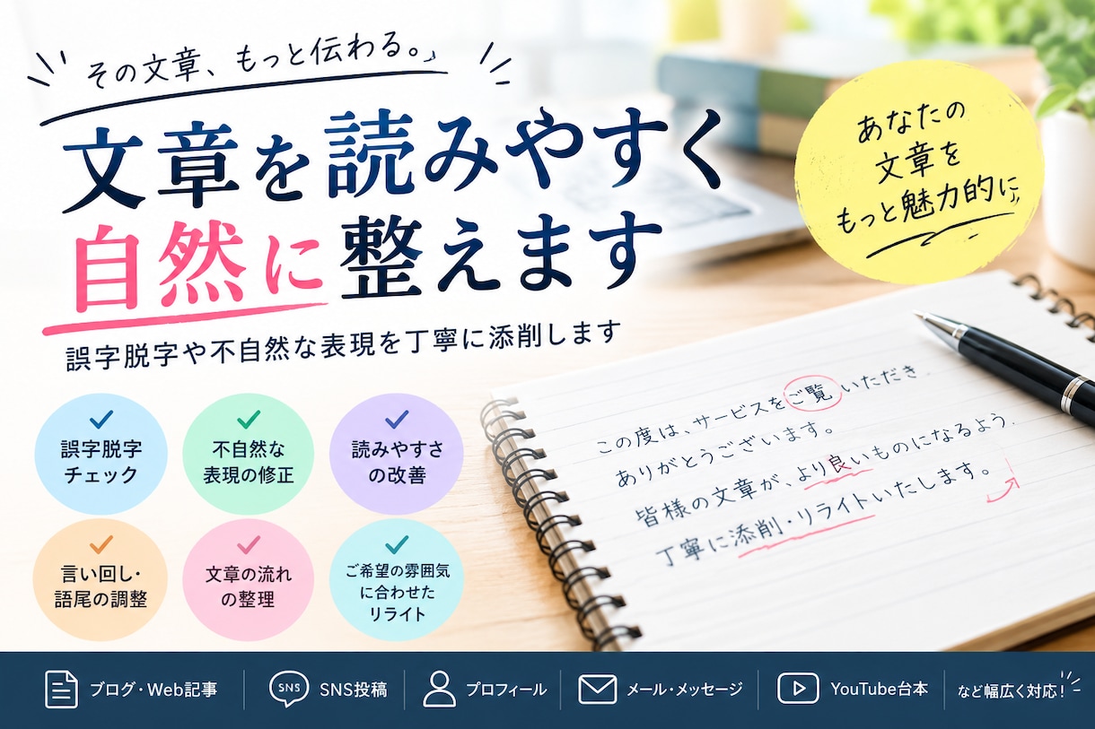 文章を読みやすく自然に整えます 誤字脱字や不自然な表現を丁寧に添削します。 イメージ1