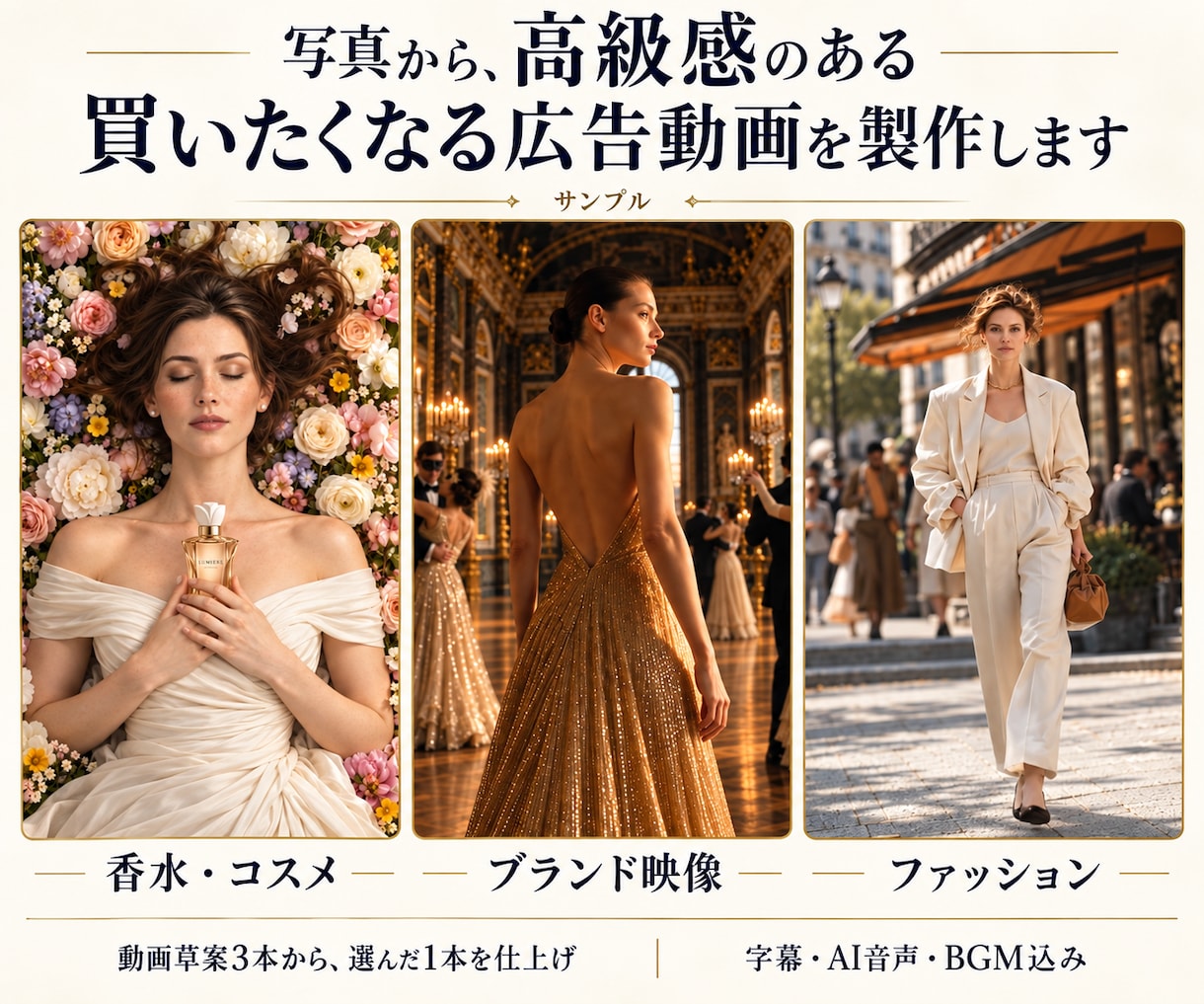 写真から高級感ある買いたくなるAI広告を製作します 15秒15,000円〜。3案から選べる上位プランも イメージ1