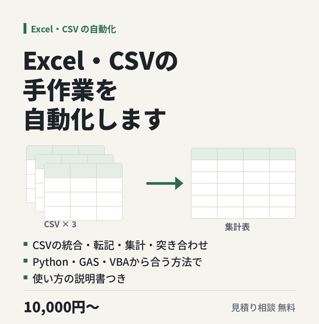 Excel・CSVの手作業を自動化します Python・GAS・VBAで転記や集計を減らす イメージ1