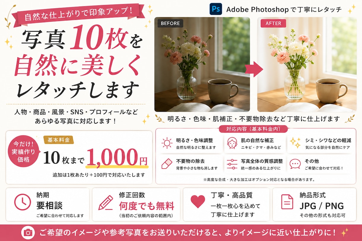 写真10枚を用途に合わせてレタッチします 人物・商品・風景など幅広い写真に対応します イメージ1