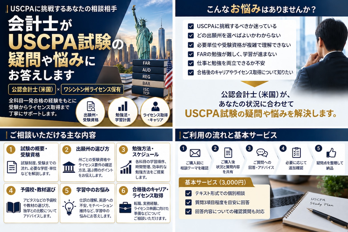 会計士がUSCPA試験の疑問や悩みに答えます 全科目一発合格・ライセンス保有者が勉強法や出願州をサポート イメージ1