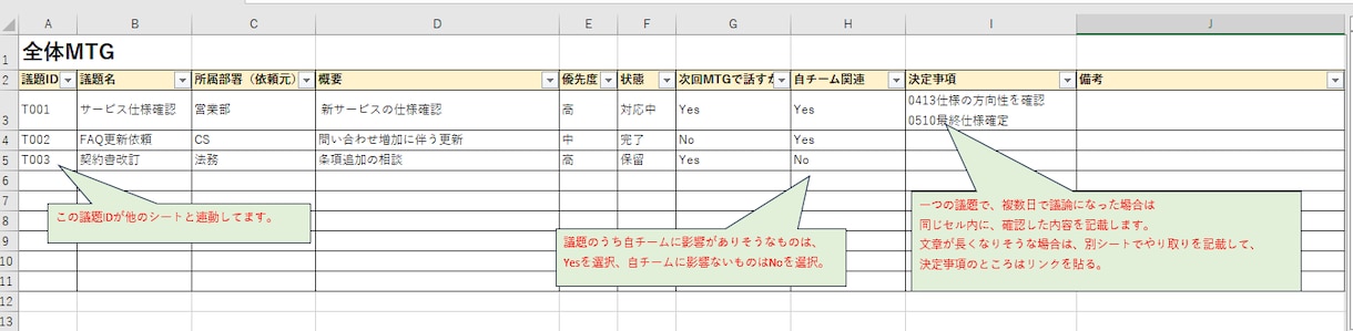 MTG議題管理とタスク管理を一元化します 議題・タスク・決定事項を“1つのExcel”で一元管理します イメージ1
