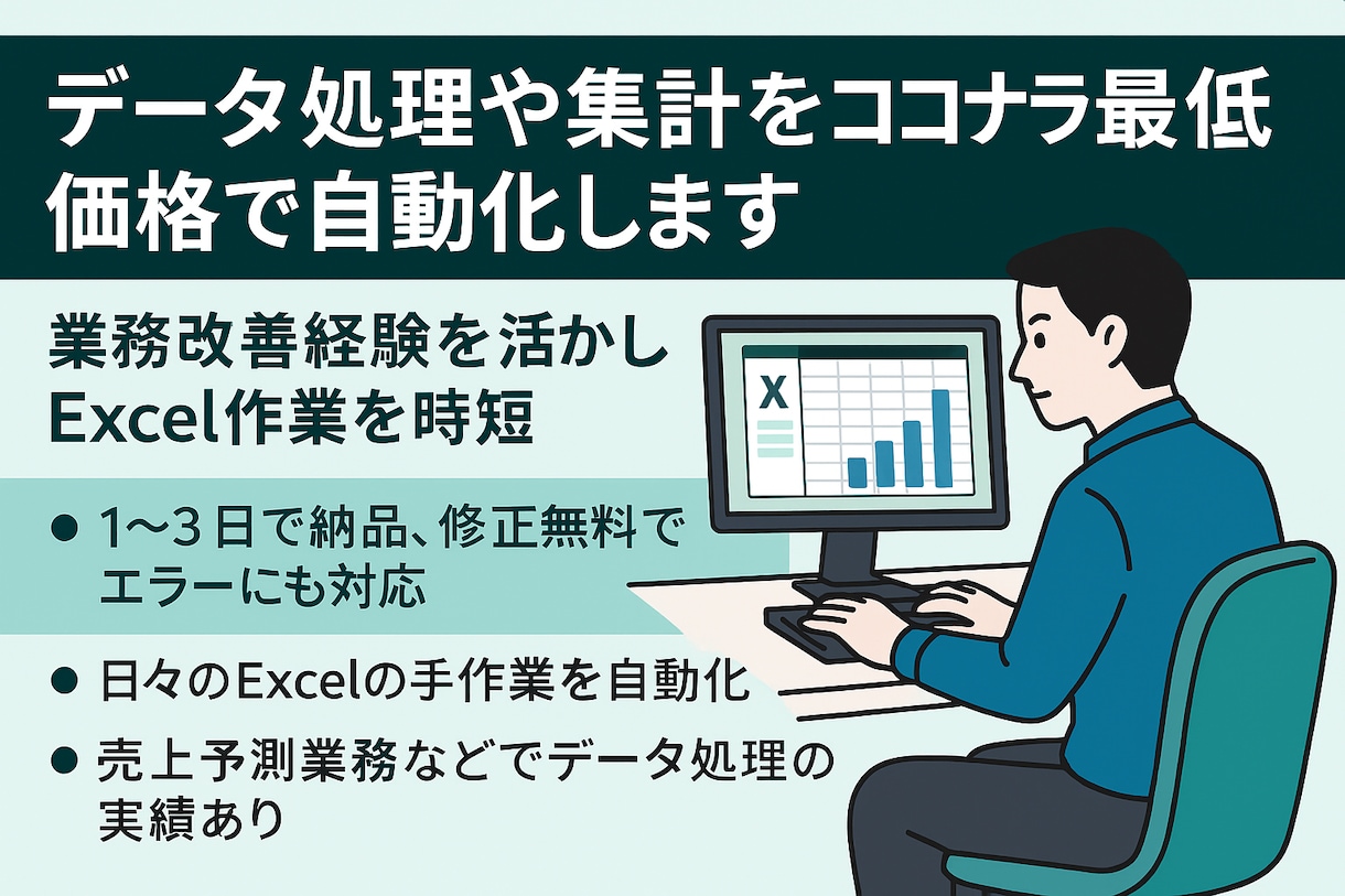 データ処理や集計をココナラ最低価格で自動化します 業務改善経験を活かしExcel作業を時短します イメージ1