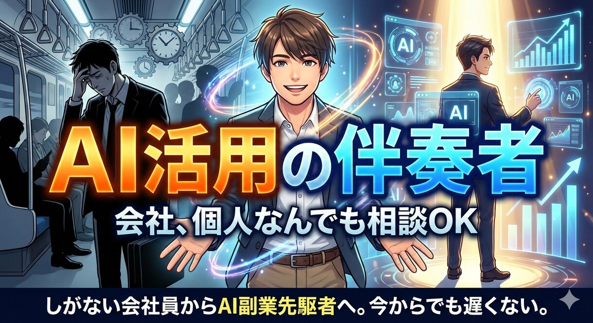 AI活用の伴奏者。会社、個人なんでも相談のります しがない会社員からAI副業先駆者へ。今から始めても遅くない。 イメージ1
