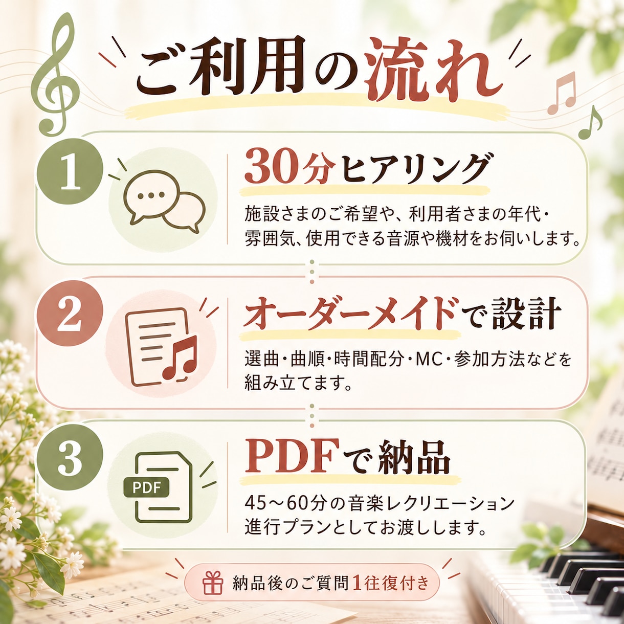 高齢者施設の音楽レクをオーダーメイドで設計します 30分ヒアリング付　施設さまごとに45～60分をまるごと設計 イメージ2
