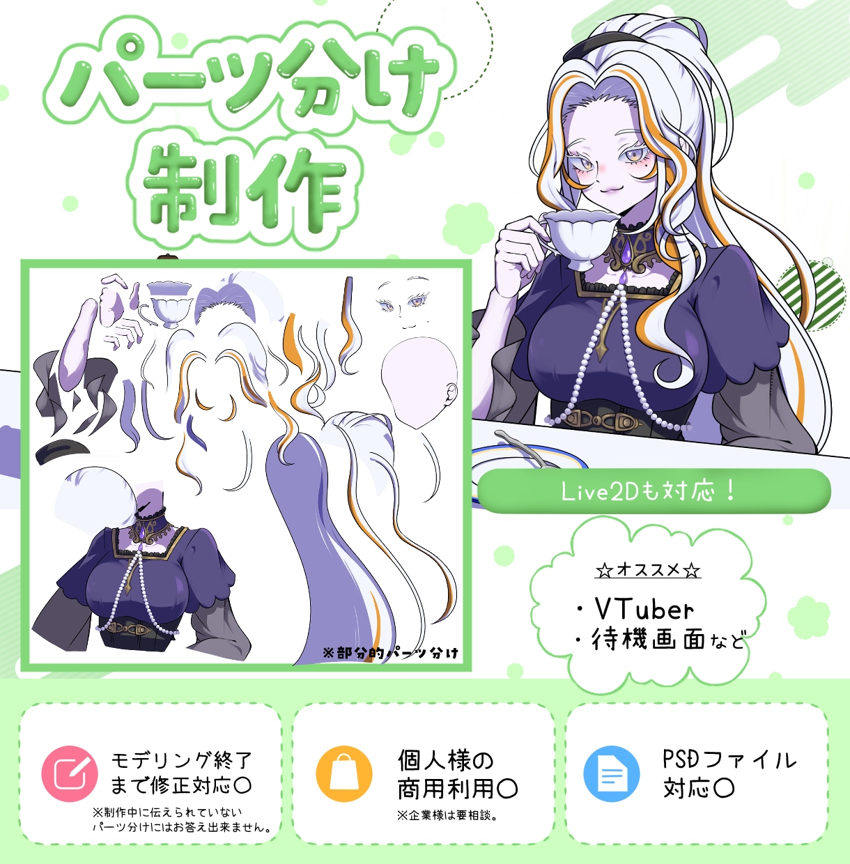 商用利用〇 パーツ分けイラストを制作します モデリングしやすいパーツ構成で、丁寧に制作します。 イメージ1