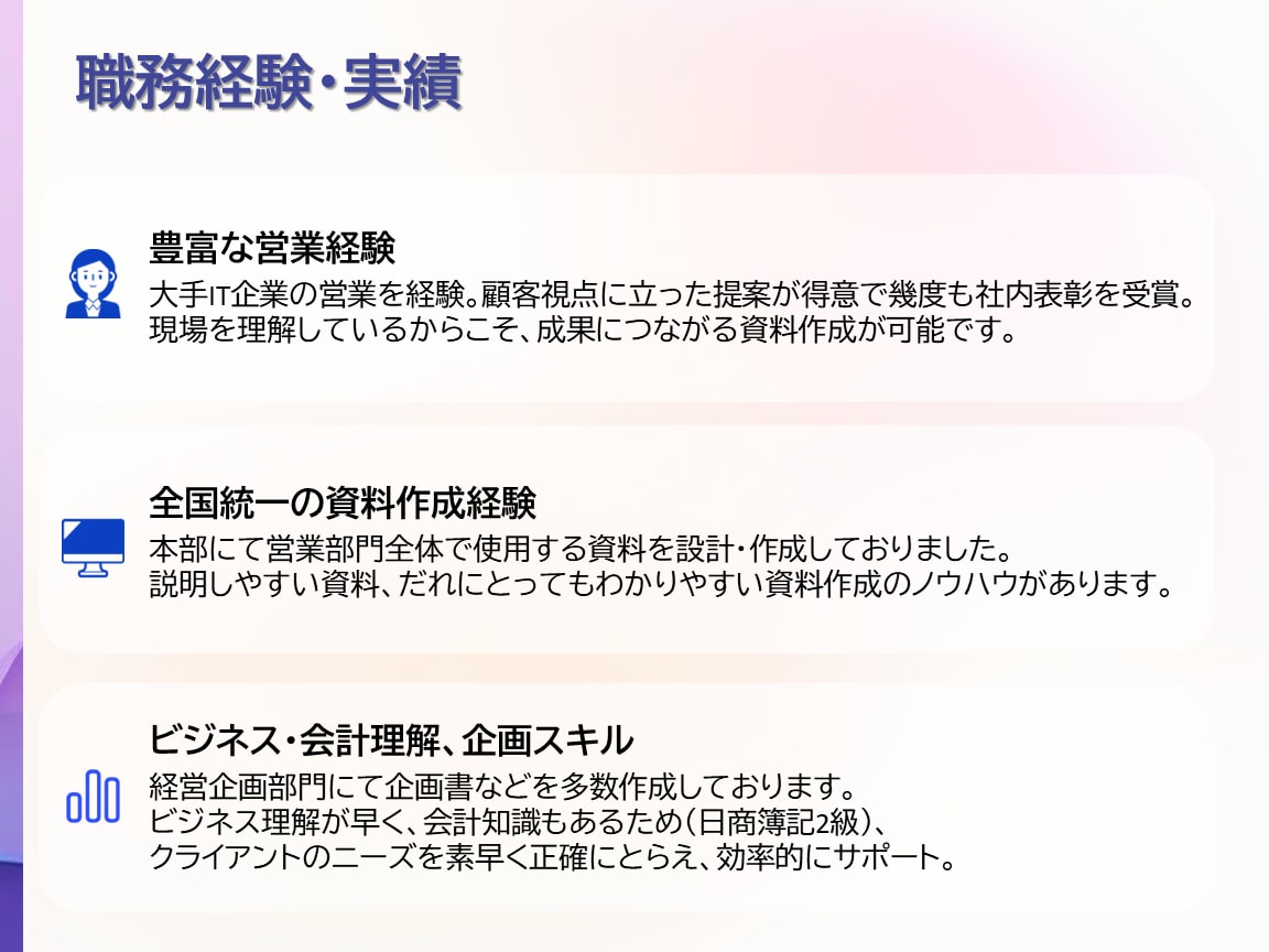 資料作成のプロがあなたの洗練された資料を作成します 現役・大手IT企業社員が高品質の資料を安くご提供 イメージ4