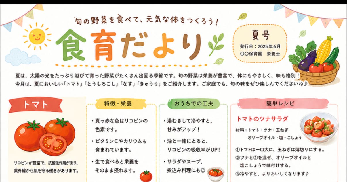 保育園・幼稚園の「食育だより」月1回分、執筆します 【モニター価格〜8/15】先着3名様1500円で承ります イメージ1