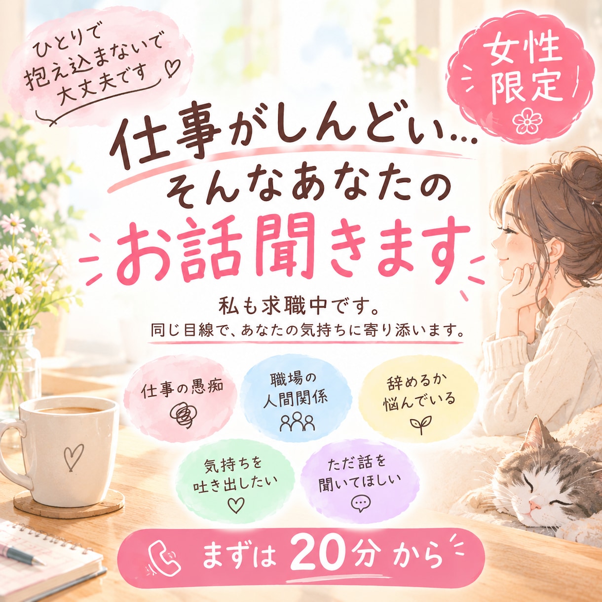 仕事がしんどいあなたへ。求職中の私が愚痴聞きます ♡電話相談♡仕事の愚痴も将来の不安も、同じ目線でお聞きします イメージ1