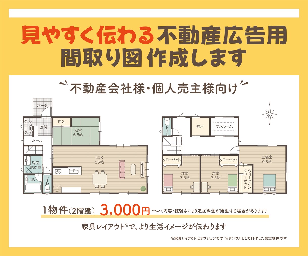 見やすく伝わる間取り図を丁寧に作成いたします チラシ・資料に使いやすいシンプルな間取り図を作成いたします イメージ1