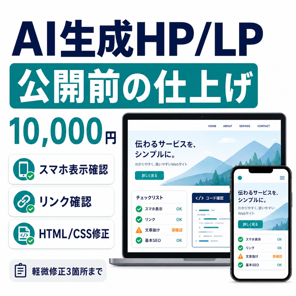 AIで作った1ページサイトを公開前に整えます スマホ表示・リンクを確認し、HTML/CSSを3箇所まで修正 イメージ1