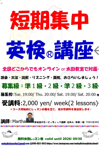 英検講座、短期集中すべての級に対応いたします 全国どこからでもオンラインで受講可能! イメージ1