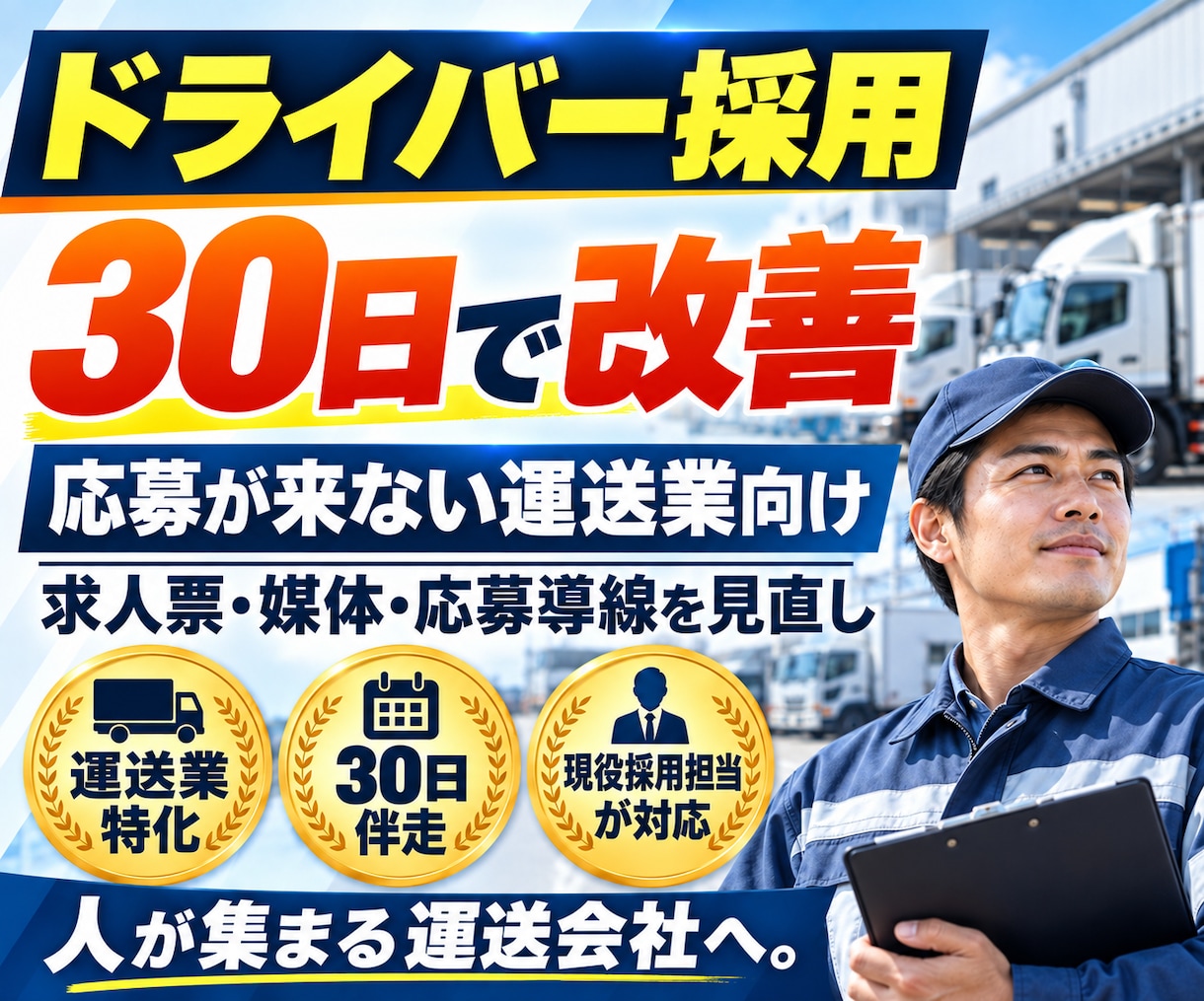 ドライバーが採れない運送業の採用を30日改善します 求人票・媒体・応募導線を分析◆ドライバー採用をまるごと改善 イメージ1
