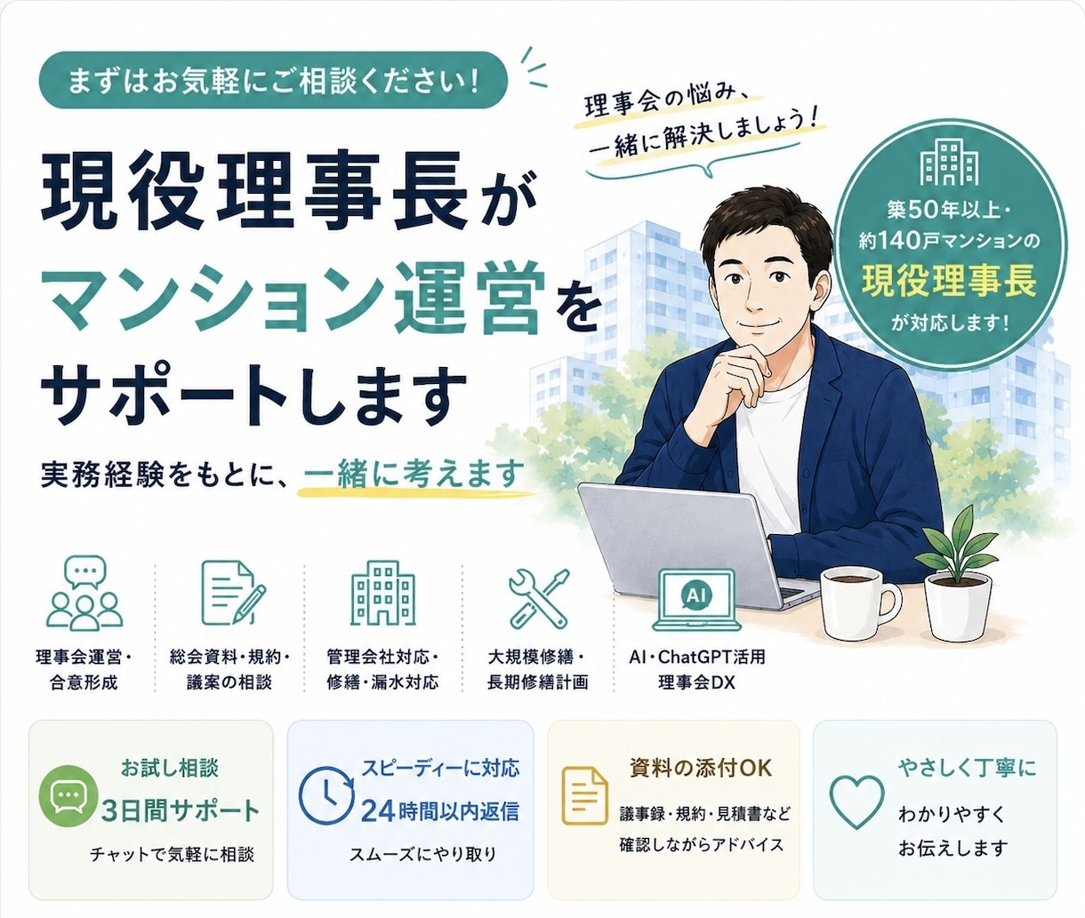現役理事長がマンション運営をサポートします お試し相談受付中。実務経験をもとにご提案します イメージ1