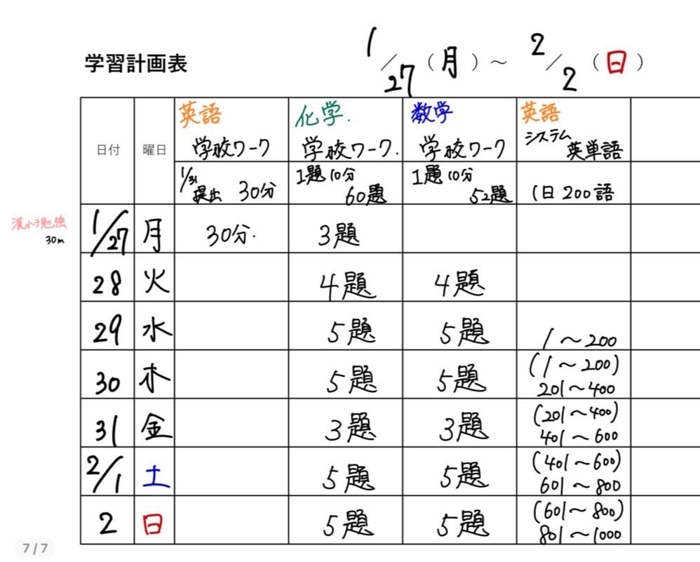 1週間の学習計画表を個別に作成します 日々の家庭学習の質を高め、机に向かい、迷う時間を減らします！ イメージ5