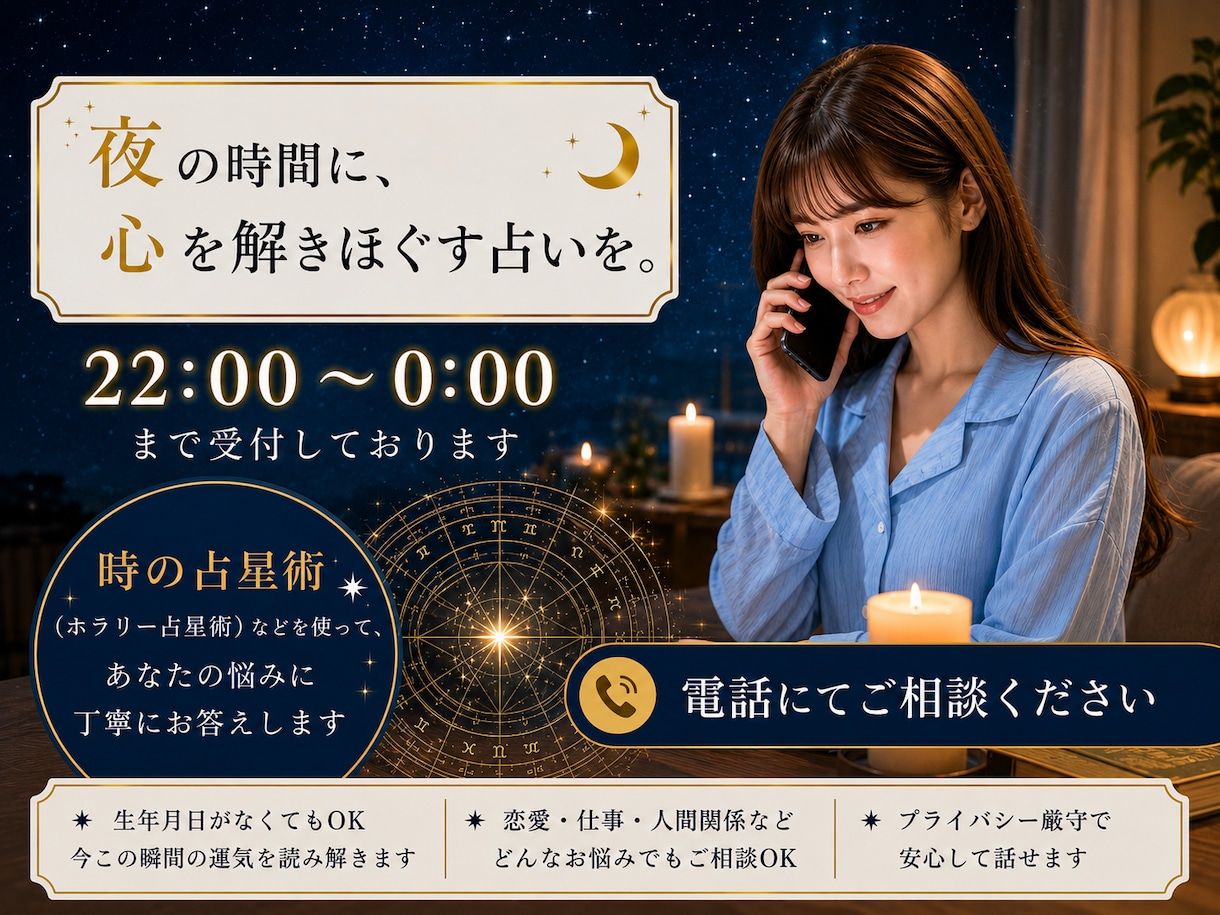 22時00分～0時00分まで受付をしております 時の占星術（ホラリー）などを使って悩みを電話にてご相談します イメージ1
