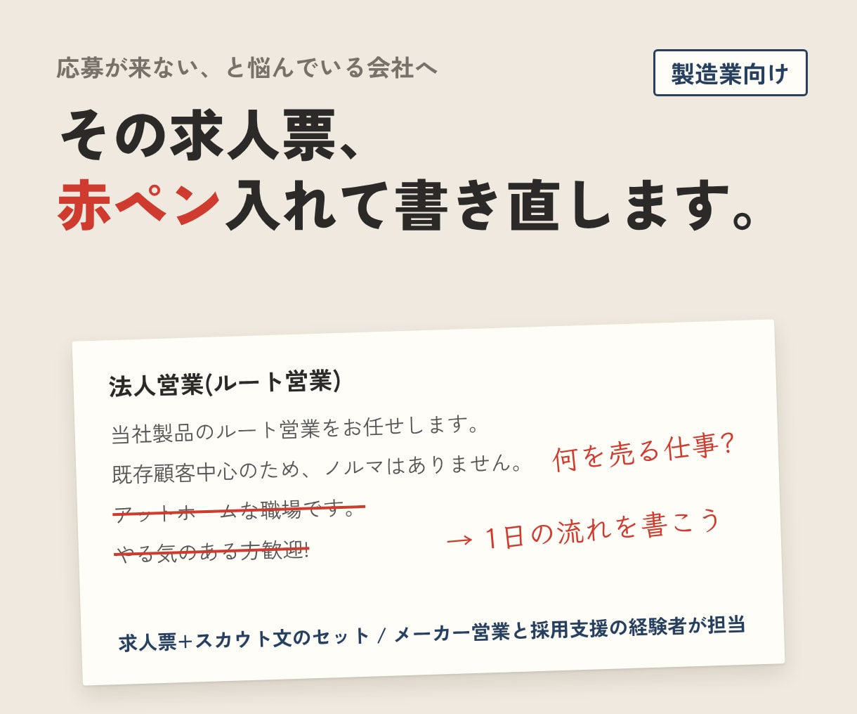 製造業の求人票とスカウト文をセットで作ります メーカー営業と採用支援の両方を経験。応募が来る原稿に整えます イメージ1