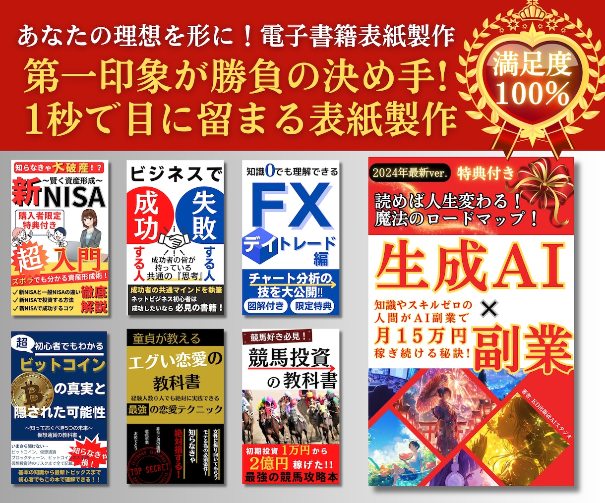 プロが製作！1秒で目に留まる電子書籍の表紙作ります 修正は無制限！あなたが納得いく作品作りをお手伝いします！ イメージ1