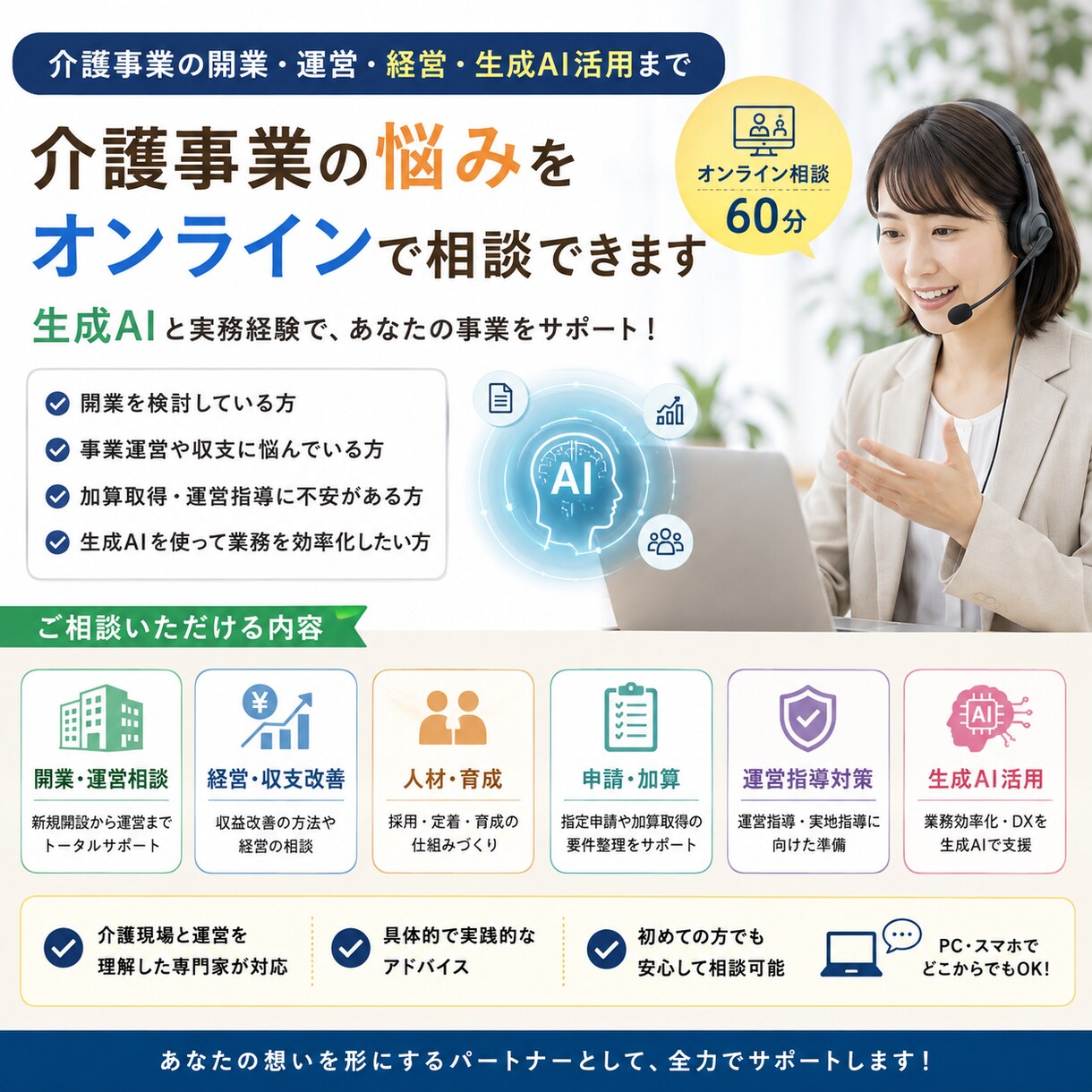 介護事業・生成AI活用をオンライン相談できます 介護事業の悩みを生成AIと実務経験で解決！ イメージ1