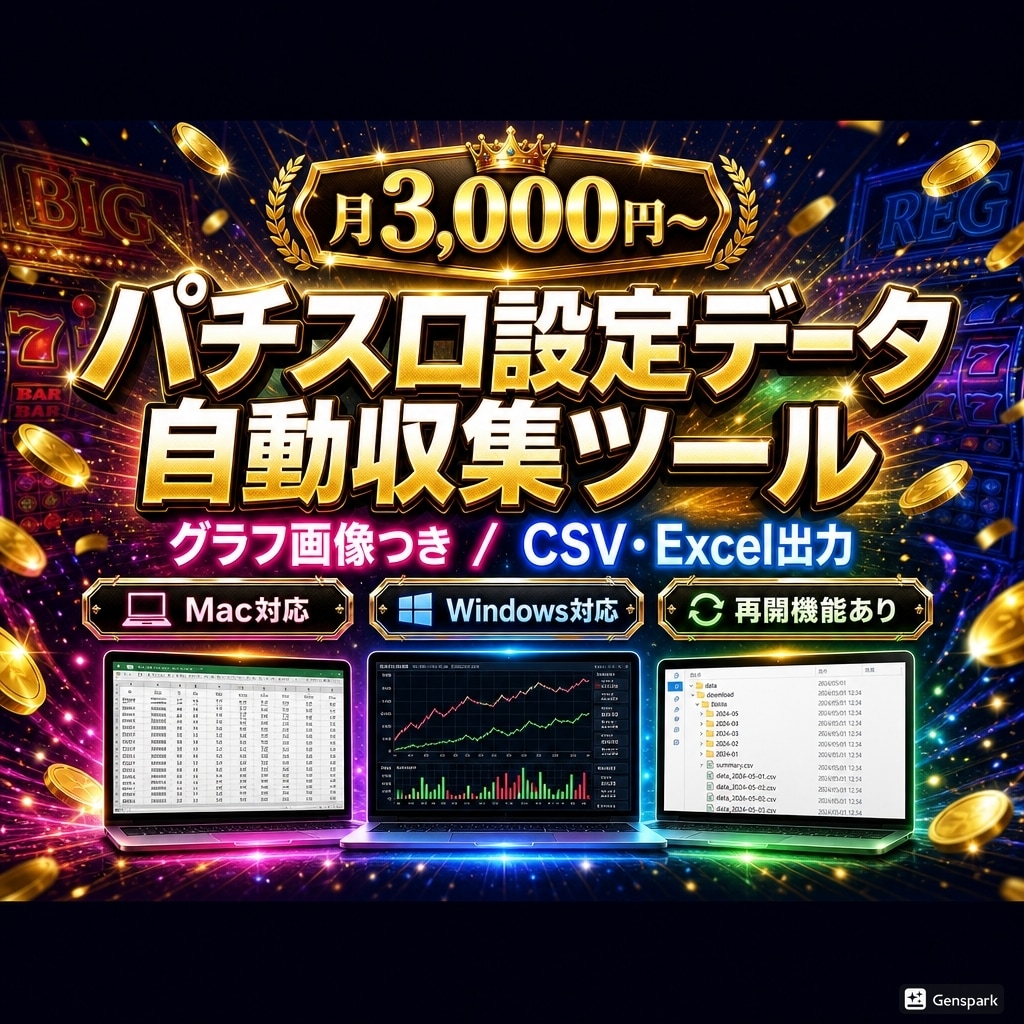 パチスロ設定分析用データ収集ツールを提供します mac/win 設定傾向の分析データをワンクリックで収集！ イメージ1