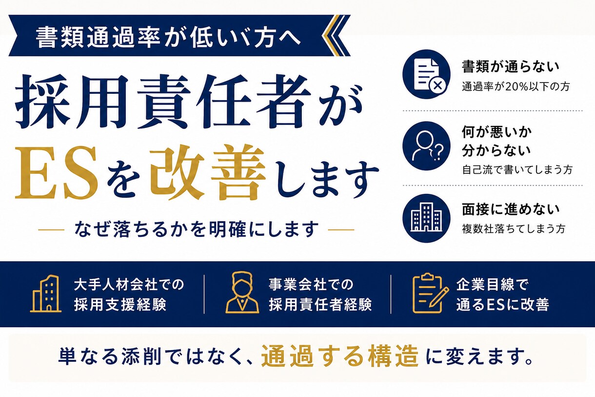 ES添削！元採用責任者が「通る構造」に改善します 何社出しても、書類選考で落ち続けていませんか？ イメージ1