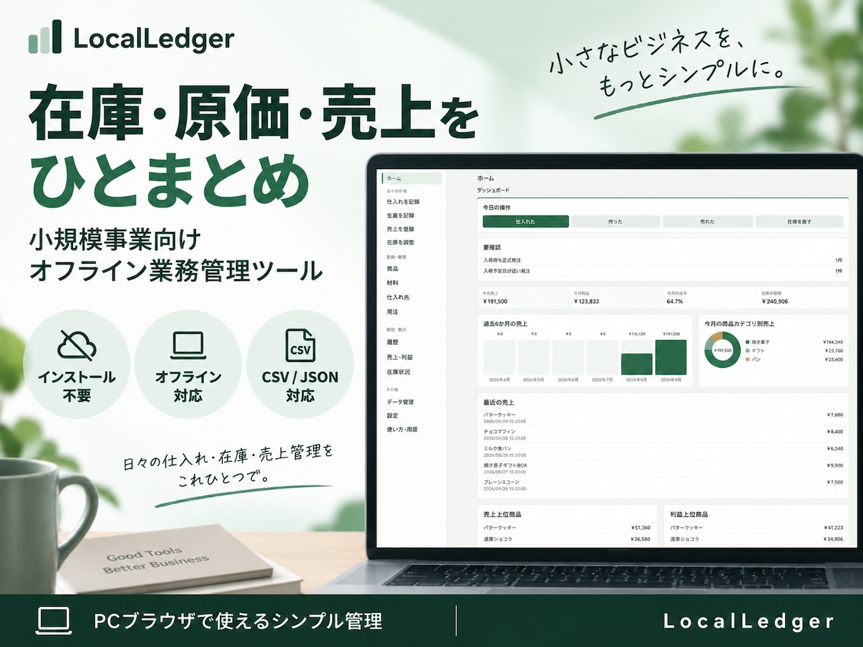 小規模事業の在庫・原価・売上を管理できます インストール不要。オフラインで使える業務管理ツール イメージ1