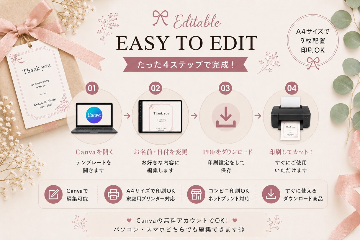 韓国風Thank youタグ販売します 結婚式プチギフトに♡Canvaで簡単編集できるタグ！ イメージ5