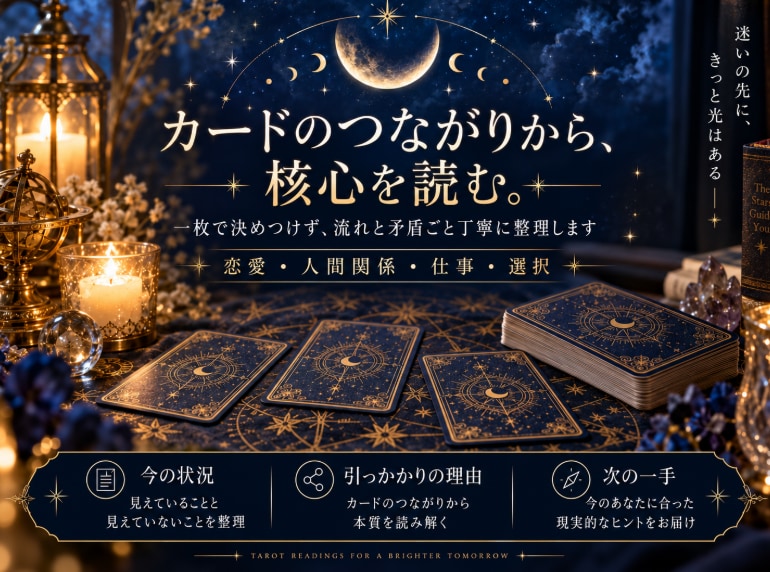 迷いの根っこと、今選べる具体的な一手を深く占います 「結局どうしたらいい？」の先まで寄り添います。 イメージ2