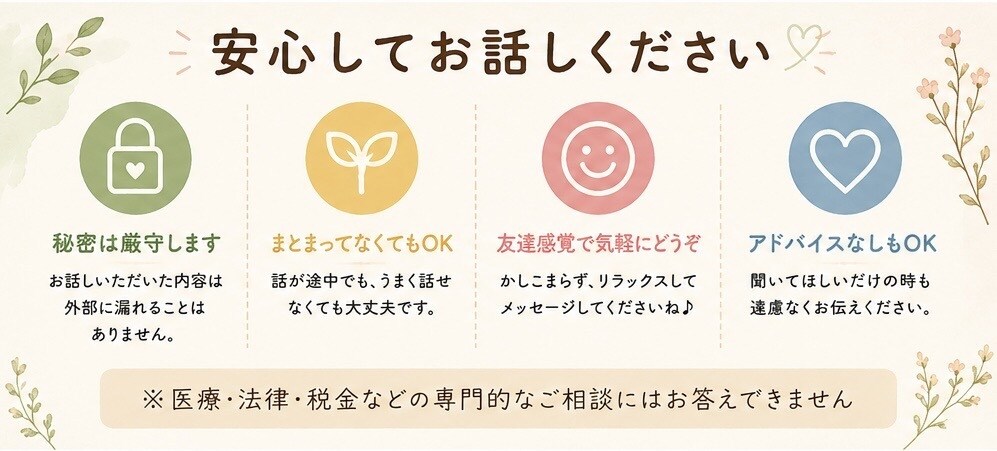 愚痴やモヤモヤを聞いて心を軽くします 誰にも言えない話も否定せず、あなたの気持ちに寄り添います イメージ3