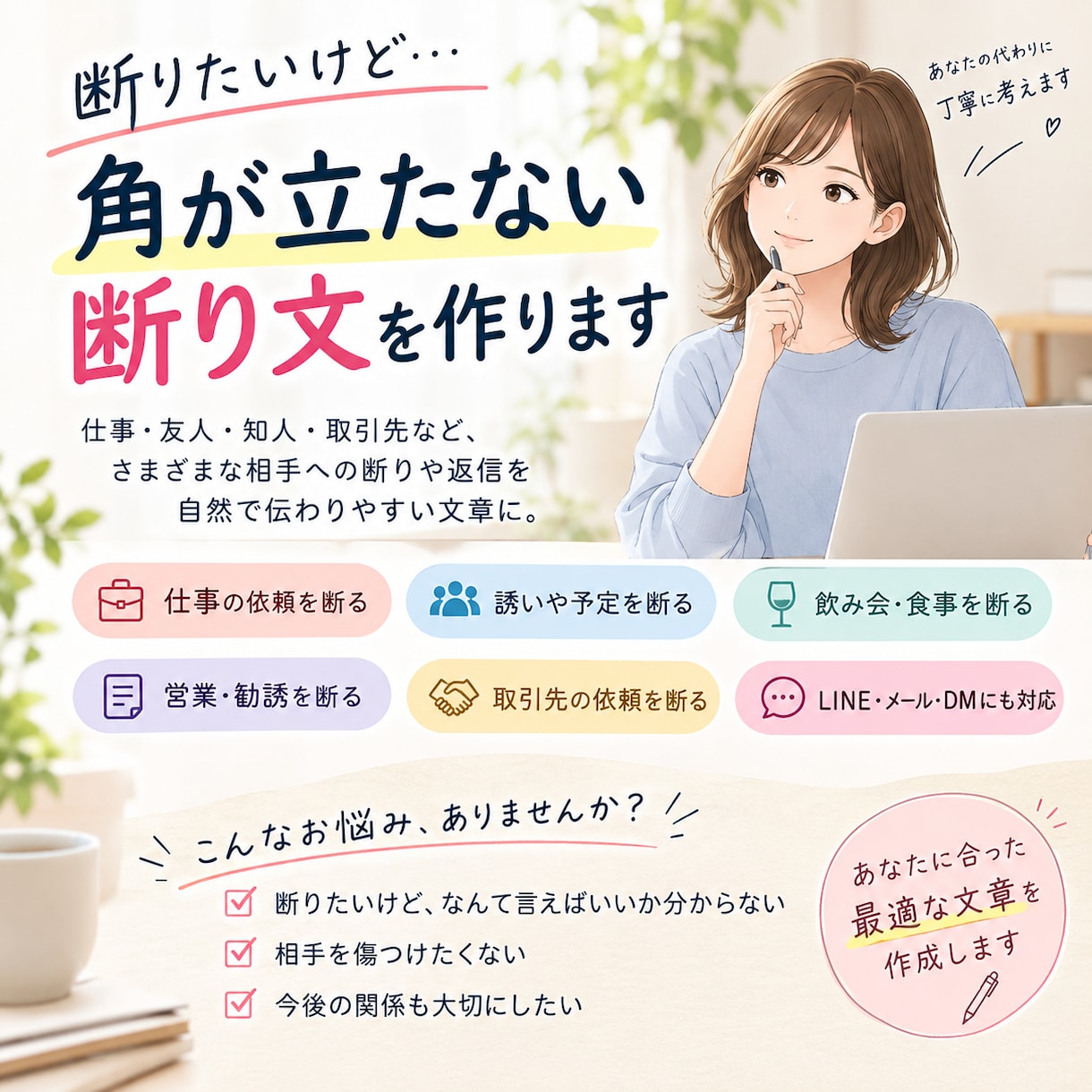 角が立たない断り文を作ります 仕事・友人・取引先への断りや返信を自然に イメージ1