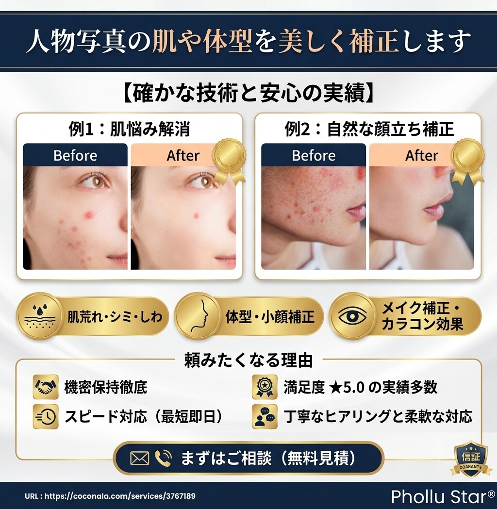 人物写真を綺麗に・可愛く修正レタッチいたします 【プロ品質】最高に輝く「自分」へ。自然で美しい写真レタッチ イメージ1