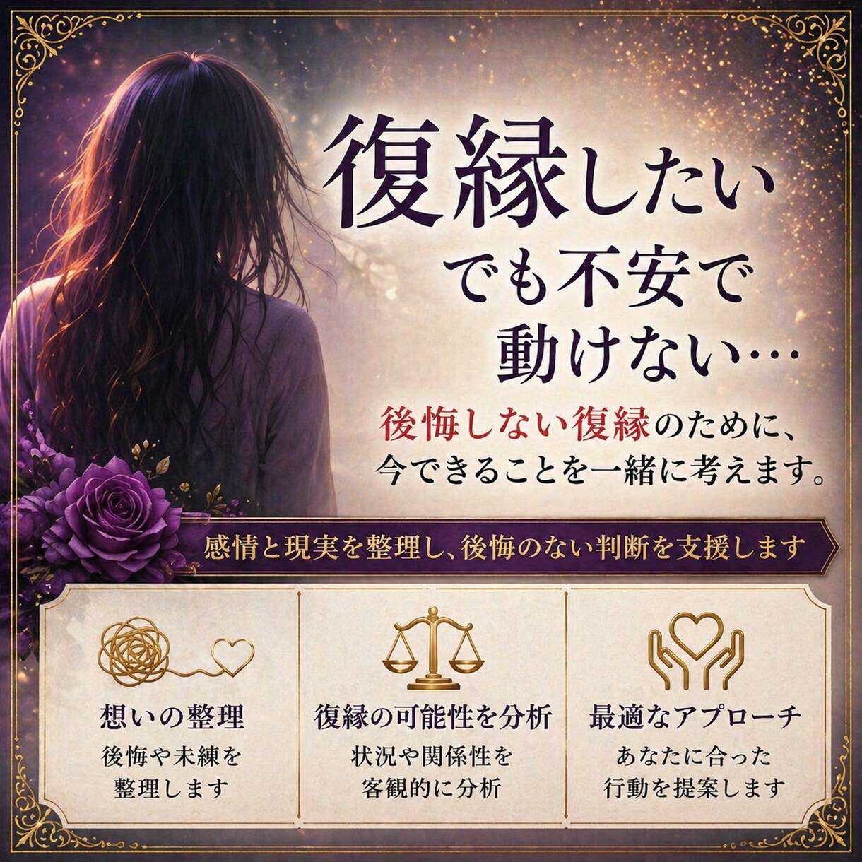 迷っているその恋愛に、後悔のない選択を導きます 別れと継続、どちらも後悔しない判断をサポートします。 イメージ7