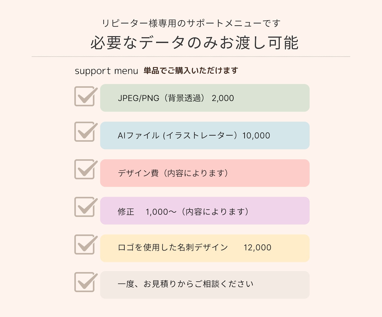 ２回目以降のリピーター様メニュー/ご相談承ります 修正・名刺やショップカード・イラスト作成など イメージ3